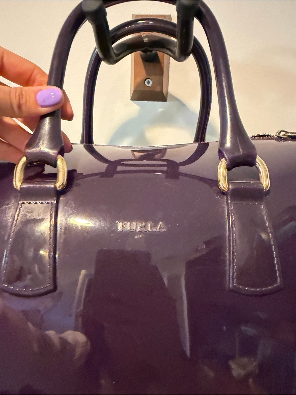 Furla Candy Glossy Purple Patent Satchel with Gold Hardware